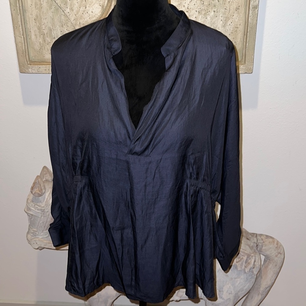 Mustard Seed blue satin feel polyester dollman sleeves boxy blue top Sz S